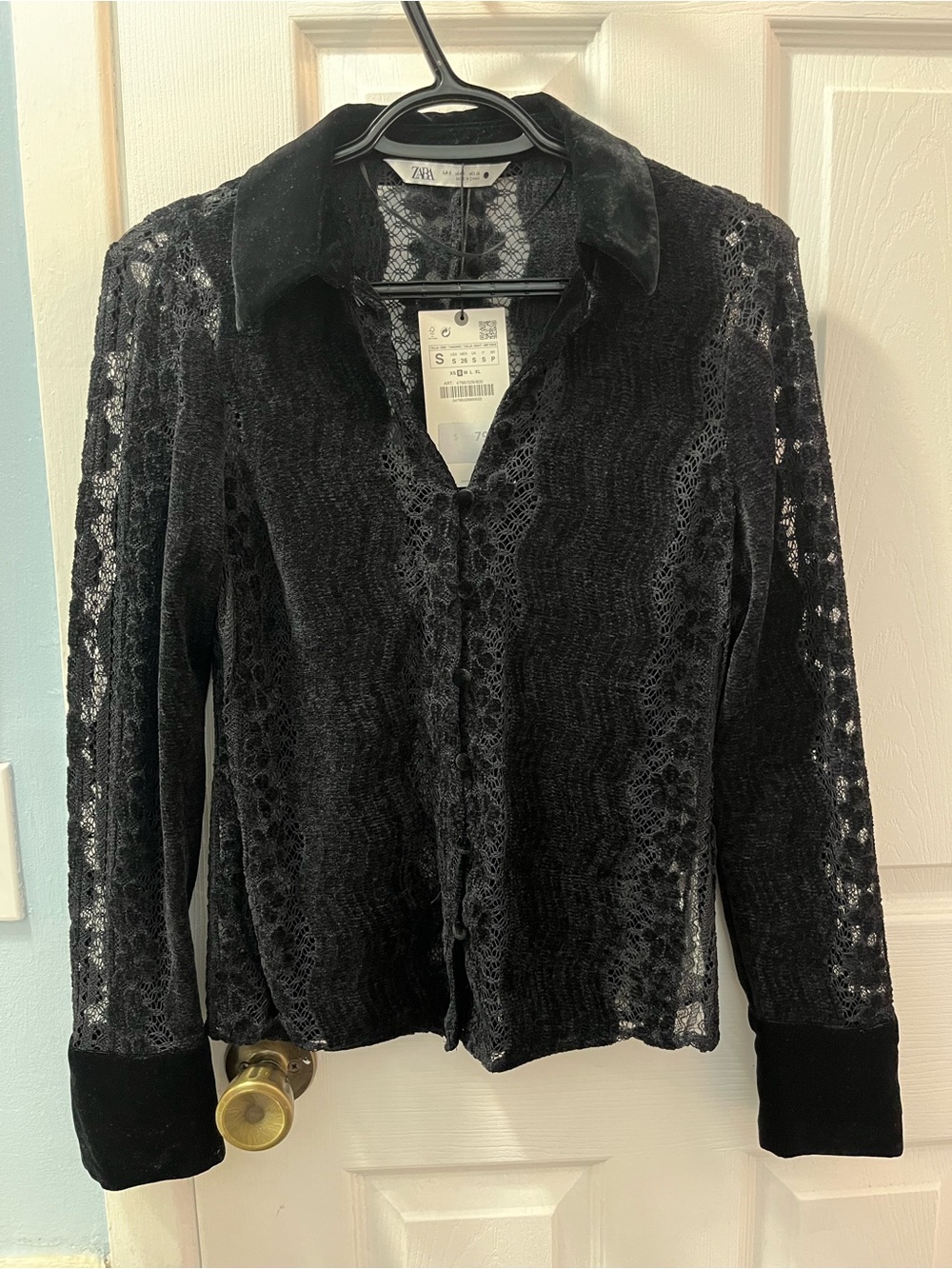 Zara Black Lace Velvet-Trim Button-Up Blouse - Size Small